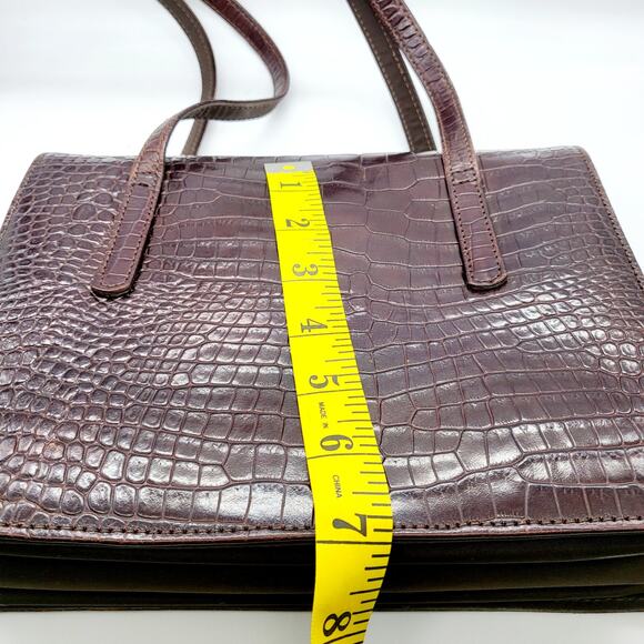 Vintage Bloomingdale's Dark Brown Leather Croc Embossed Envelope Accordion Bag - Picture 10 of 13